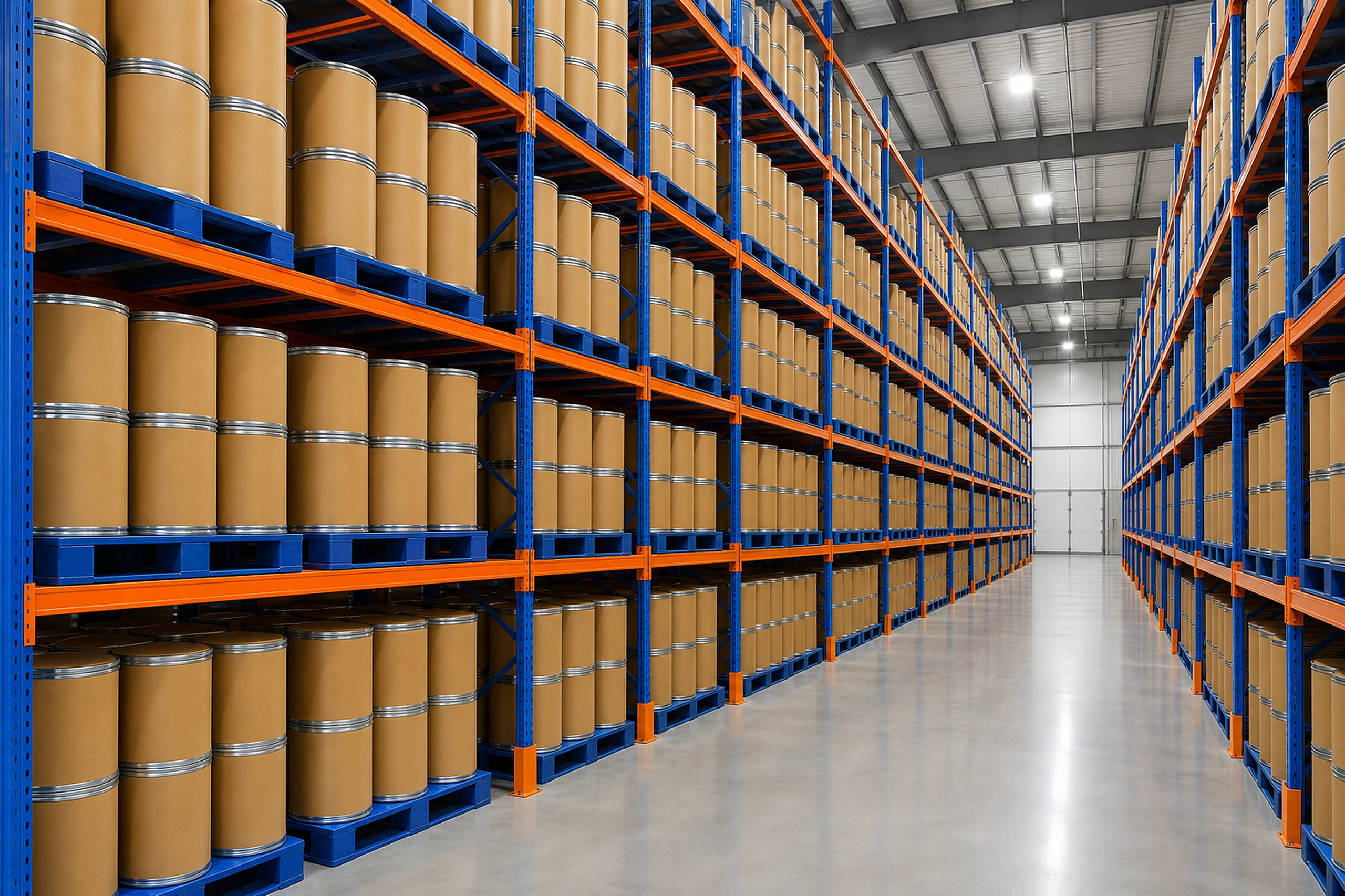 Plant extract warehouse (AI illustration): fiber drums, blue pallets, orange-and-blue pallet racking — styled to match real facility photos