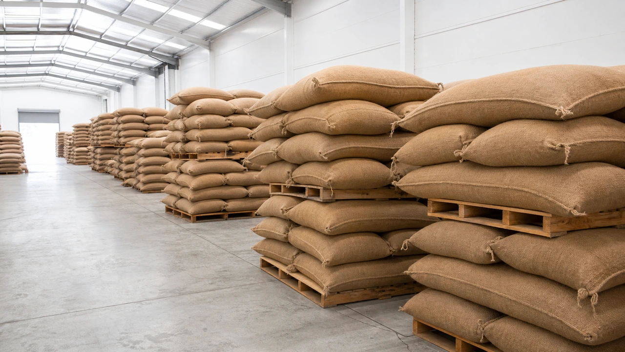 Bulk botanical raw materials in burlap sacks on warehouse pallets